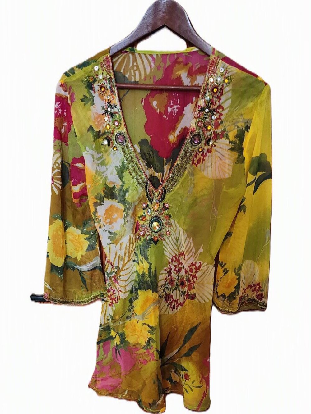 Beautiful Beaded Floral Tunic with Jeweled Neckline. Size L